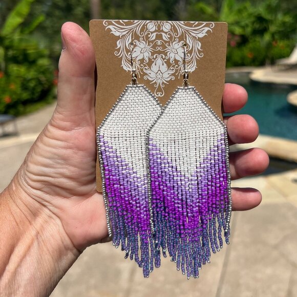 Handmade Beaded Long Sexy Fringe Dangle Drop Purple Ombre Boho Silver Earrings - Picture 6 of 7